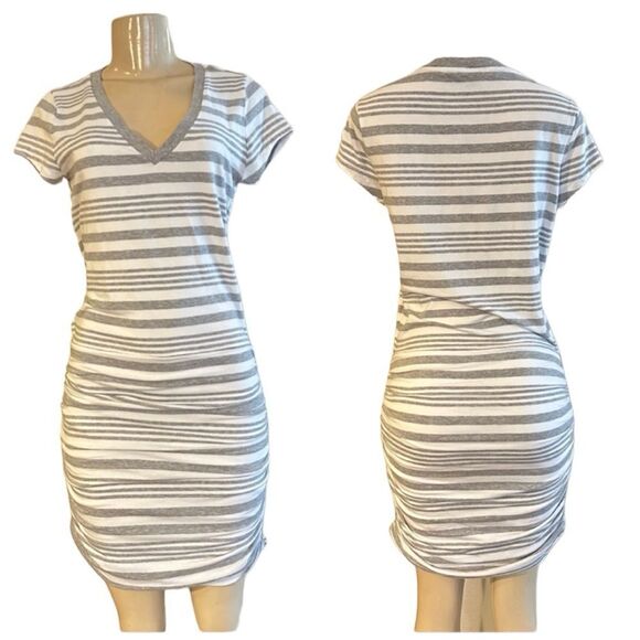 ATHLETA STRIPE TOPANGA RUCHED V NECK ATHLETIC LOUNGEWEAR FITTED FITNESS DRESS S - Picture 1 of 12
